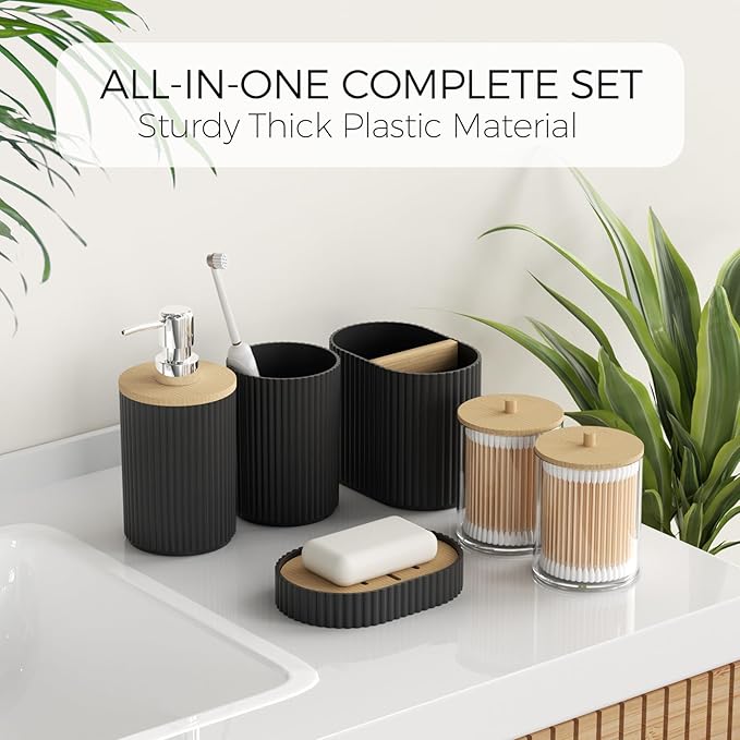 Bathroom Accessories Set - Black Bathroom Set with Shower Curtain and Rugs, Trash Can, Toilet Brush with Holder, Soap Dispenser, Toothbrush and Toothpaste Holder, Cup, Soap Dish, Qtip Holders, Hooks