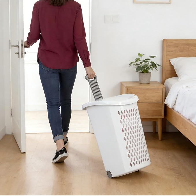 （1Pack)2-Bushel Plastic Laundry Basket on Wheels, Rolling Laundry Hamper with Wheels and Lid, Heavy-Duty Wheeled Hamper with Retractable Handle for Apartment & Dorm Room, White