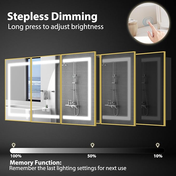 ROOMTEC Lighted Medicine Cabinet with Mirror, Bathroom Mirror Cabinet with Lights and Storage, 3 Doors Bathroom Wall Cabinet with LED Lights,Gold, 60"x32"