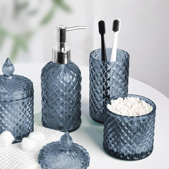 RYTOXILO Blue Bathroom Accessories Set, 4 Pack Light Blue Bathroom Decor Accessory Sets Complete, Diamond Glass Soap Dispenser and Toothbrush Holder Set for Bath Counter Organizer Essentials