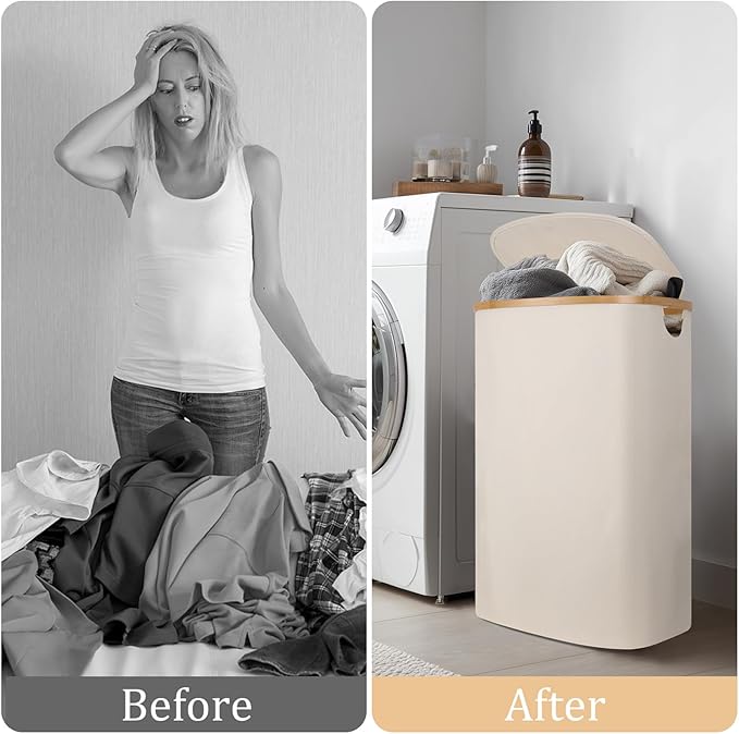 Slim Laundry Basket with Lid, 80L Narrow Laundry Hamper with Removable Bag, Clothes Hampers for Laundry with Bamboo Handles for Bathroom, Bedroom, Dorm & Laundry Room