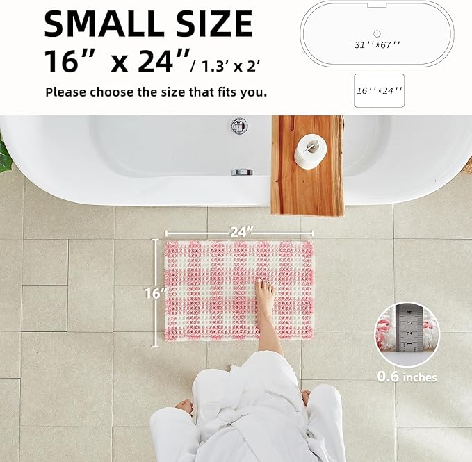 Waffle Bath Mat, Boho Bathroom Rugs Non Slip Washable Absorbent Checkered Bathroom Mat Quick Dry Cute Bath Mat, 24"x16" Pink and White