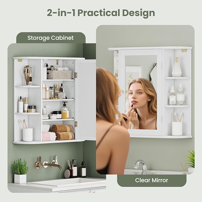 Giantex Bathroom Medicine Cabinet, Wall Mounted Bathroom Mirror Cabinet with Mirrored Door & 4 Interior Shelves, 6 Open Shelves, Mounting Hardware, Space-Saving Storage Cabinet, White