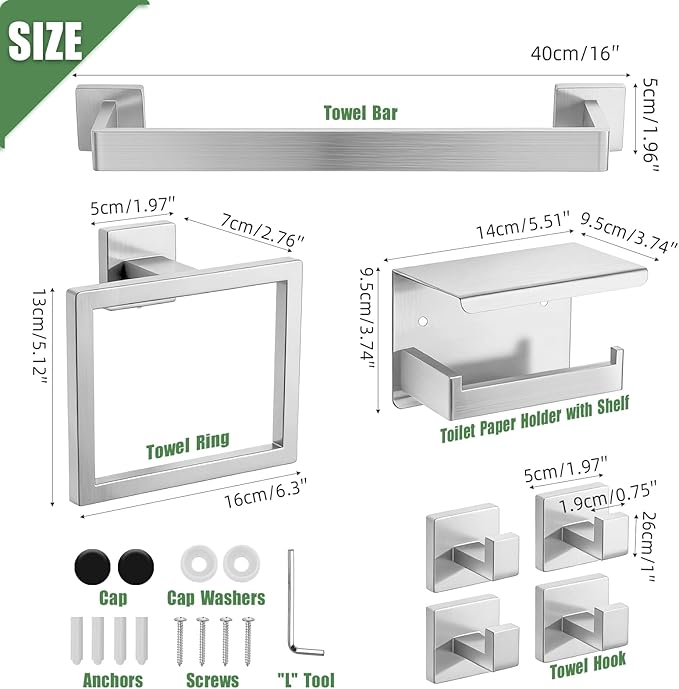 Brushed Nickel Bathroom Accessories Hardware Set, 7-Pieces Stainless Steel Towel Racks for Bathroom, 16 Inch Towel Bar, Towel Holders, Updated Toilet Paper Holder with Shelf Wall Mounted