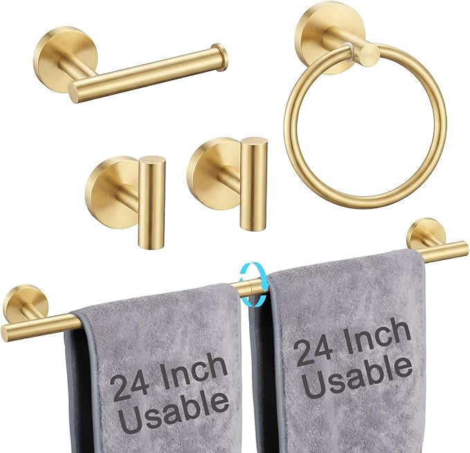 24 Inch Usable Towel Bar, 5-Piece Blushed Gold Bathroom Accessories, SUS304 Stainless Steel Towel Ring Holder, Toilet Paper Holder with 2 Hooks, Wall Mounted Modern Bathroom Hardware Set