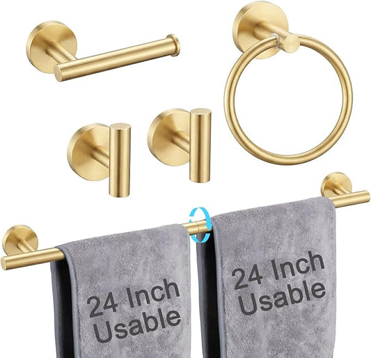 24 Inch Usable Towel Bar, 5-Piece Blushed Gold Bathroom Accessories, SUS304 Stainless Steel Towel Ring Holder, Toilet Paper Holder with 2 Hooks, Wall Mounted Modern Bathroom Hardware Set