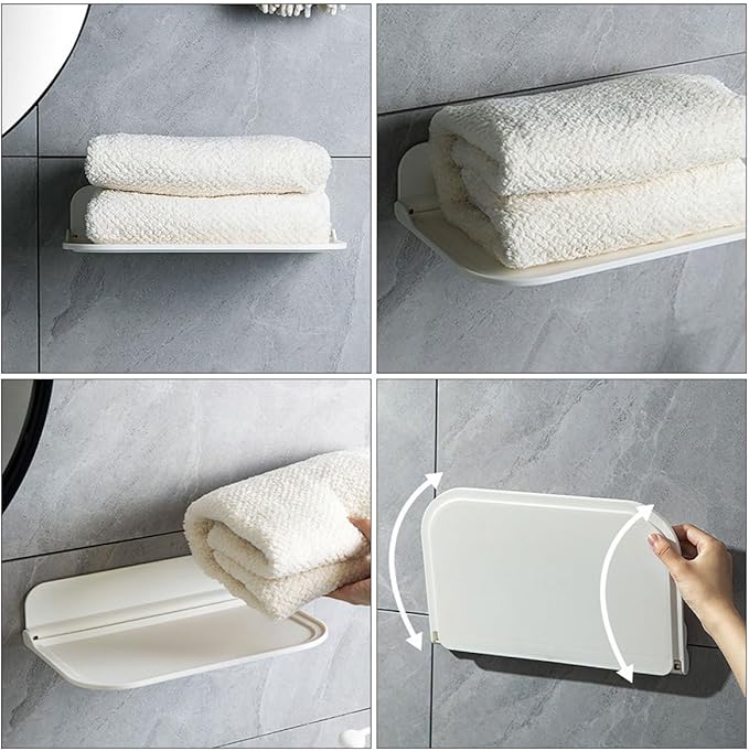 2pcs Foldable Bathroom Adhesive Wall Mounted Shelves for Towels and Soap Storage, Compact Space-Saving Bathroom Organizer Rack, Small and Large Size, Water-Resistant Plastic