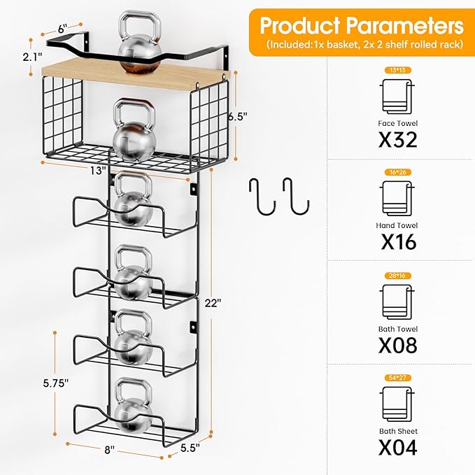 Towel Racks for Bathroom,Towel Rack Wall Mounted, 6 Tier Rolled Or Folded Towel Holder with Floating Shelves, Bathroom Towel Holder for Bath, Hand Towels,Metal,Walnut Wood Panel