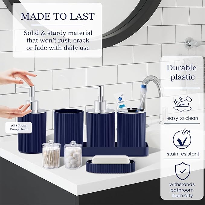 Navy Blue Bathroom Accessories Set, 10PC Bathroom Set, Bath Accessory with Pop Up Trash Can, Soap Dispenser, Toilet Brush, Toothbrush Set Qtip Holders & Tray