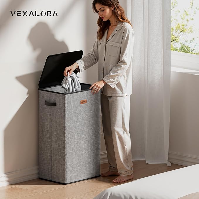 100L Laundry Hamper with Lid, Large Clothes Hampers with Removable Bag, Collapsible Laundry Basket for Bathroom, Bedroom, Laundry Room, Dorm, Grey