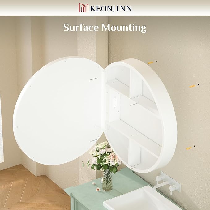 Keonjinn 30 Inch Round Lighted Medicine Cabinet, White LED Medicine Cabinet Mirror, Circle, Electrical Outlet, 3 Color Lights, Anti-Fog, Dimmable, Surface Mount Only