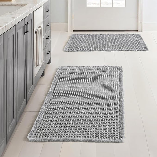 MIULEE Set of 2 Waffle Bathroom Rugs, Boho Bath Rugs Non Slip Washable, Super Absorbent Bath Mats, Ultra Soft Rubber Backed Shower Mats for Bathroom Floor, Tub and Shower, Light Grey, 17x24 Inch