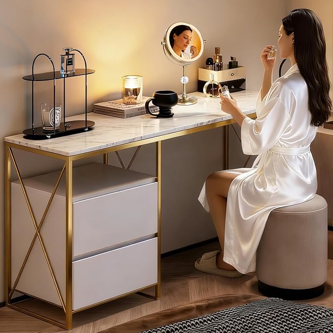 Lighted Makeup Mirror,4000mAh Rechargeable Double Sided Magnifying Mirror 1x/10x with 3 ColorsStepless Dimming, 360° Rotation Vanity Mirror with Lights, Memory Function,Gold