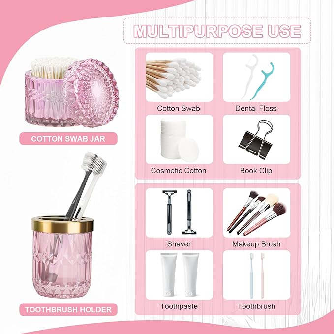Pink Bathroom Accessories Set, 5Pack Clear Glass Bathroom Accessories, Includes Lotion Soap Dispenser, Toothbrush Holder, Qtip Holder and Soap Dish, Vintage Bathroom Decor