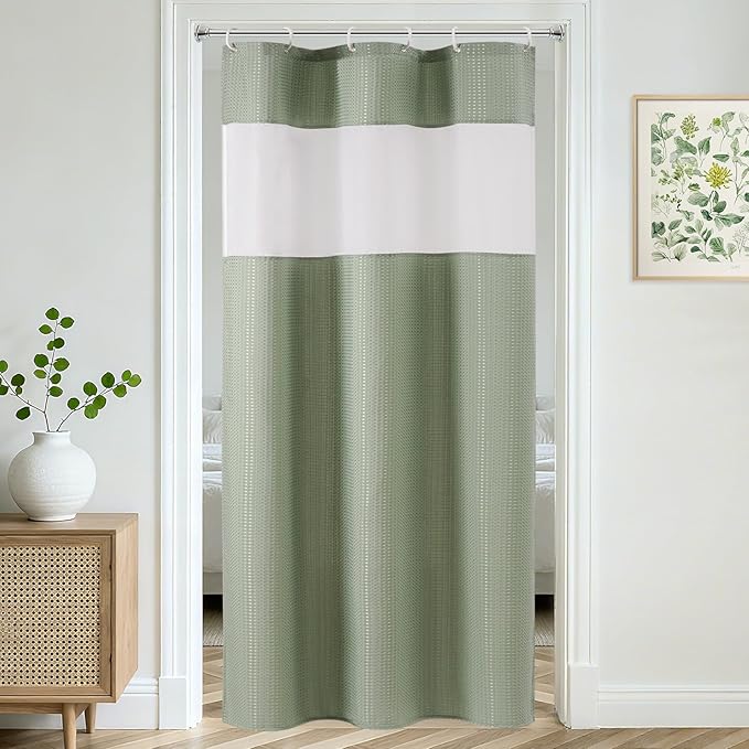 UFRIDAY Waffle Weave Shower Curtain with Mesh Window, Green,36 x 72 Inches, Waterproof