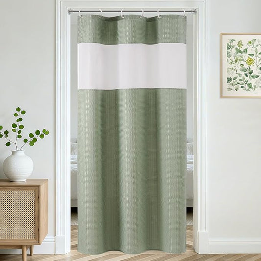 UFRIDAY Waffle Weave Shower Curtain with Mesh Window, Green,36 x 72 Inches, Waterproof