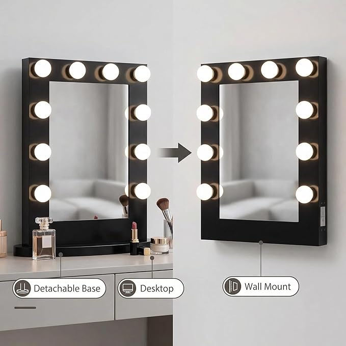 Tangkula Hollywood Makeup Vanity Mirror with Lights, Standing Vanity Makeup Mirror with Detachable Base, Beauty Mirror Makeup Mirror with Dimmer for Dressing Room Bedroom (Black)