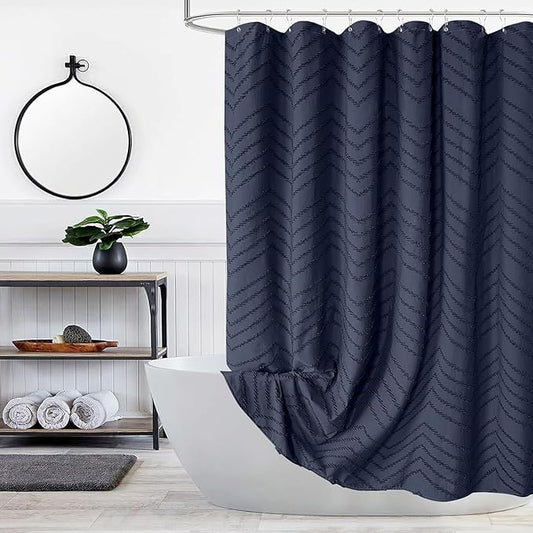 84 Inches Long Boho Tufted Chevron Striped Fabric Shower Curtain Navy Blue 72x84 Tall Minimalist Waterproof Cloth Shower Curtain, Wrinkle Free