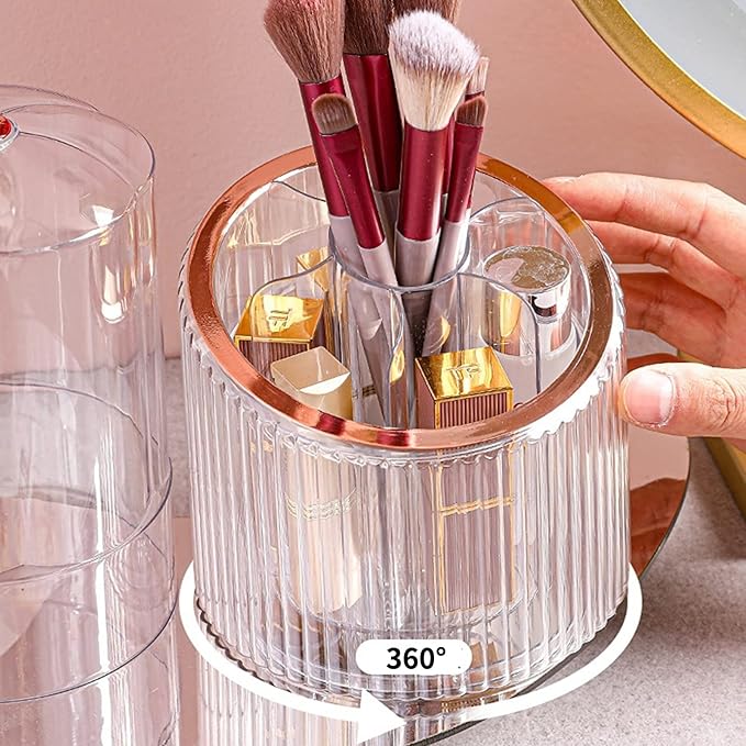 Makeup Brush Organizer, 360° Rotating Makeup Organizer with Lid, Dustproof Cosmetic Brush Holder for Vanity, Cosmetic Storage Box for Desk Bathroom Countertop (Golden)