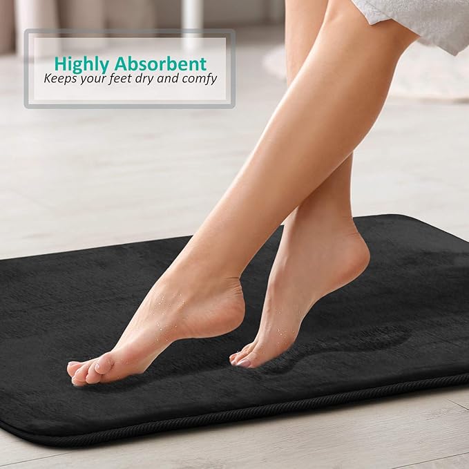 Clara Clark 3 Piece Bathroom Rugs Bath Mat Set, Velvet Memory Foam Bath Mats for Bathroom - Non-Slip, PVC Backing Bath Rugs, Washable - Dries Quickly, Black