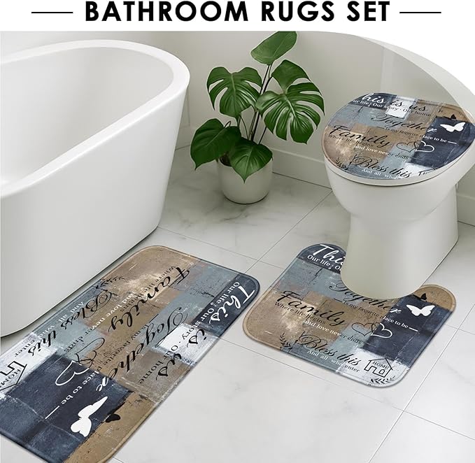 Family Home Motivational Shower Curtain Set with Toilet Lid Cover and Non-Slip Rugs for Bathroom, Brown Grey Abstract Painting Art 4 Pcs Shower Curtain, Modern Bathroom Set with 12 Hooks