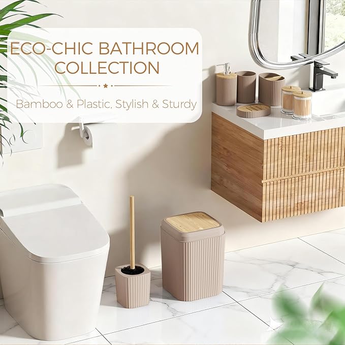 Bathroom Accessories Set - Beige Bathroom Set with Shower Curtain and Rugs, Trash Can, Toilet Brush with Holder, Soap Dispenser, Toothbrush and Toothpaste Holder, Cup, Soap Dish, Qtip Holders, Hooks