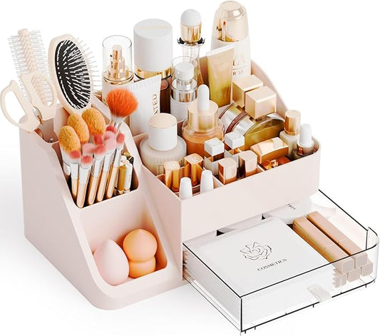 Yieach Countertop Makeup Organizers With Brush Holder,Big Skincare Organizers for Vanity,Dresser,Bathroom,Plastic Cosmetics Storage Organizer with Drawers for Lotion,Beauty,Hair Product & Tool,Pink