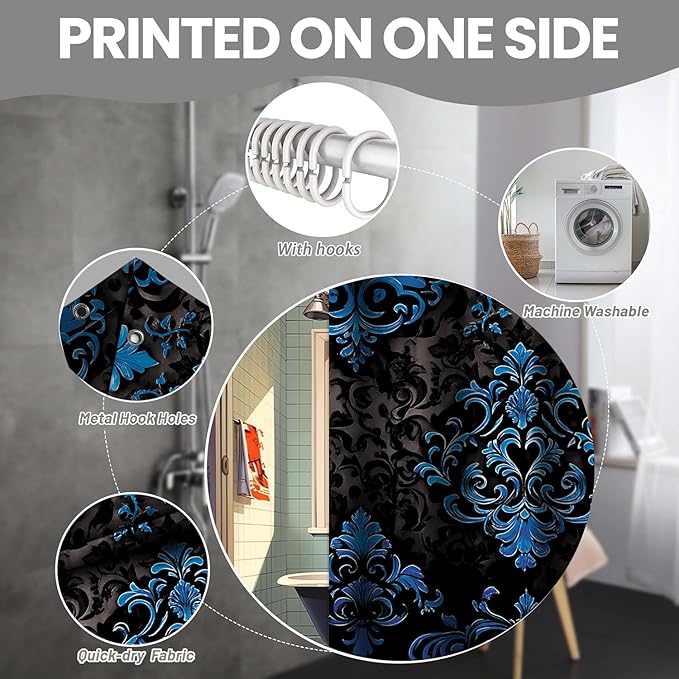 NBVKO 4Pcs Luxury Damascus Blue Flower Pattern Shower Curtain Set with 12 Hooks Non-Slip Rugs,Toilet Lid Cover and Bath Mat,Dark Gold Bathroom Decor for Hotel & Home Bathroom