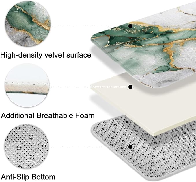 Lnond 4Pcs Bathroom Sets with Shower Curtain and Rugs, Marble Bathroom Shower Curtain Sets, Green Grey Gold Modern Art Bathroom Sets with Rugs and Accessories