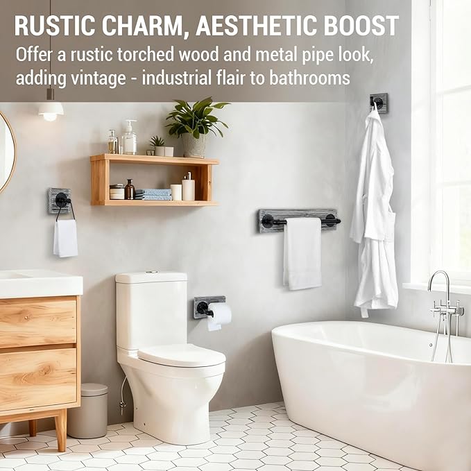 MyGift 4 Piece Wall Mounted Bathroom Hardware Set, Rustic Torched Wood and Industrial Matte Black Metal Pipe Towel Ring, Robe Hook, Toilet Paper Holder and Towel Bar