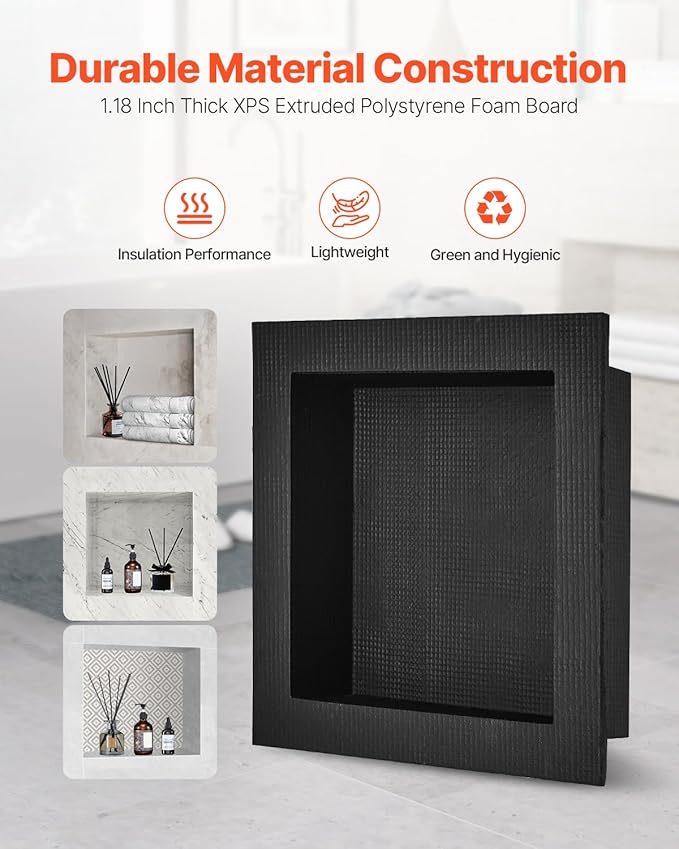 VEVOR Shower Niche,16-Inch Width x 16-Inch Height x 3.5-Inch Depth Single Shelf Organizer,Wall-Inserted Niche Recessed Sealed Protection Modern Soap Storage for Shower Bathroom,Black