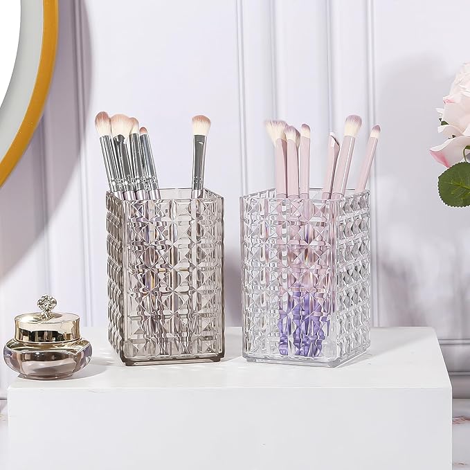 DASITON Makeup Brush Holder Organizer, Acrylic Makeup Brush Cup, Diamond Striped Make Up Brush Holder for Vanity, Bathroom Countertop, Toothbrush Holders, Pen Holder for Desk Storage (Gray)