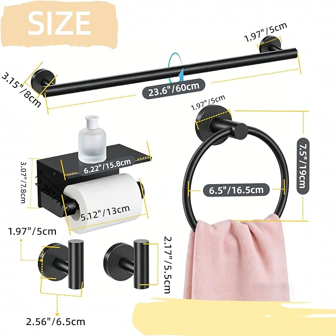 5Pcs Bathroom Hardware Accessories, 24 Inch Matte Black Bath Towel Bar Set, Toilet Paper Holder with Shelf, Stainless Steel Wall Mounted Towel Rack Set, Center Section Removable