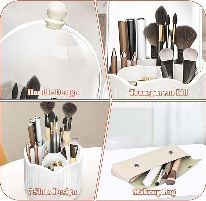 Makeup Brush Holder, 360° Rotating Makeup Organizers with Lid, Dustproof Waterproof Make Up Brush Holder Bag for Vanity Desktop Bathroom Countertop (White)