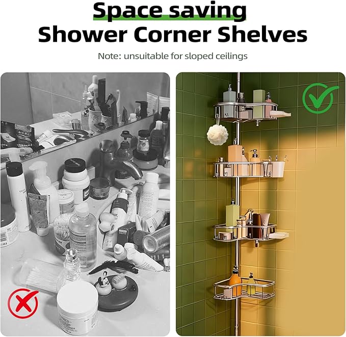 Corner Shower Caddy Tension Pole, 4 Tier Rust-Resistant Adjustable Bathroom Organizer Shelves, Bathtub Storage Rack with Soap Holder, No-Drill Install, Floor to Ceiling Rod 47-121 Inch, Silver