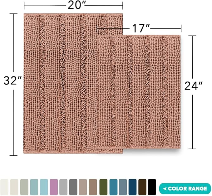 Turquoize Chenille Bathroom Rugs Set Non-Slip Bath Mats for Bathroom Extra Soft and Absorbent Shaggy Bath Mats for Bathroom Floor Indoor Mat for Kitchen/Entryway (20" x 32" and 17" x 24"), Muted Clay