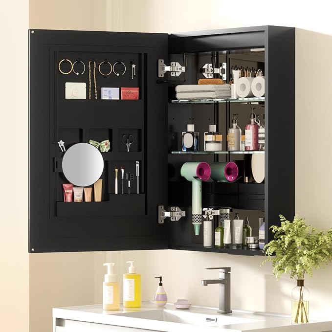 Bathroom Medicine Cabinet with Mirror, 20×30 Inch Black Mirror Cabinet with Cosmetics Storage Rack, 2 Outlets, 3X Magnifier Makeup Mirror, Adjustable Shelves, Surface Mount