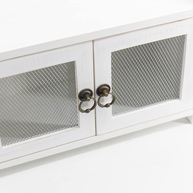 COLLECTIVE HOME - Storage Cabinet, Mini Countertop Cabinet, Wood Organizer for Kitchen Living Room Bedroom Bathroom Office with Magnetic Door, 14.5 x 6.5 x 10 (White, Wire Netting)
