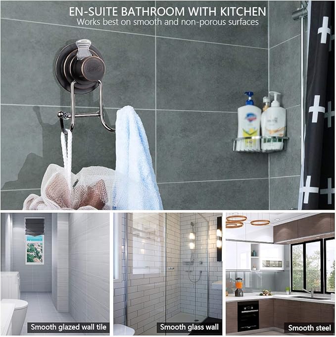 JiePai Vacuum Suction Cup Hooks Shower Bath Towel Hooks Hanging Towel Holder Wall Towel Rack Organizer for Kitchen, Bathrobe,Loofah,Bronze (1 Pack)