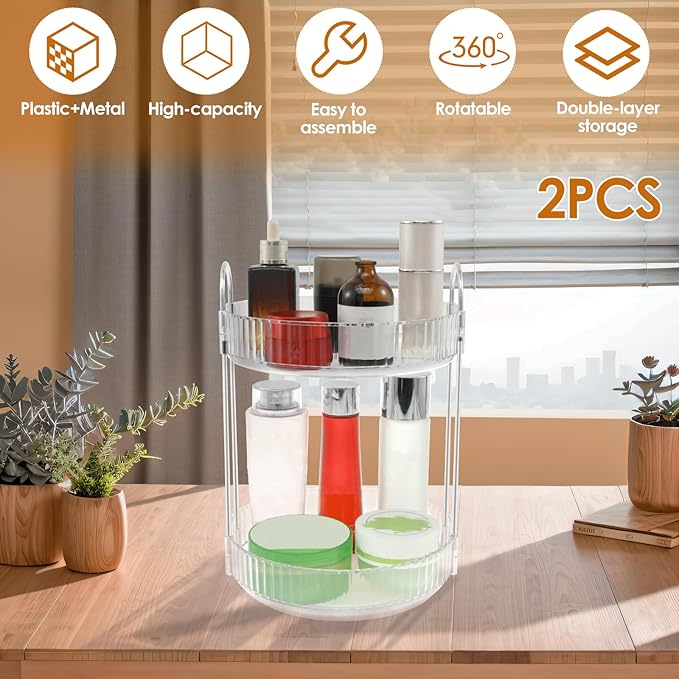 Rotating Makeup Organizer 360°Rotating Skincare Organizer Large Capacity Rotating Cosmetic Organizer 2 Layers Rotating Vanity Organizer Practical Rotating Dresser Organizer for Countertop (Clear 2PCS)