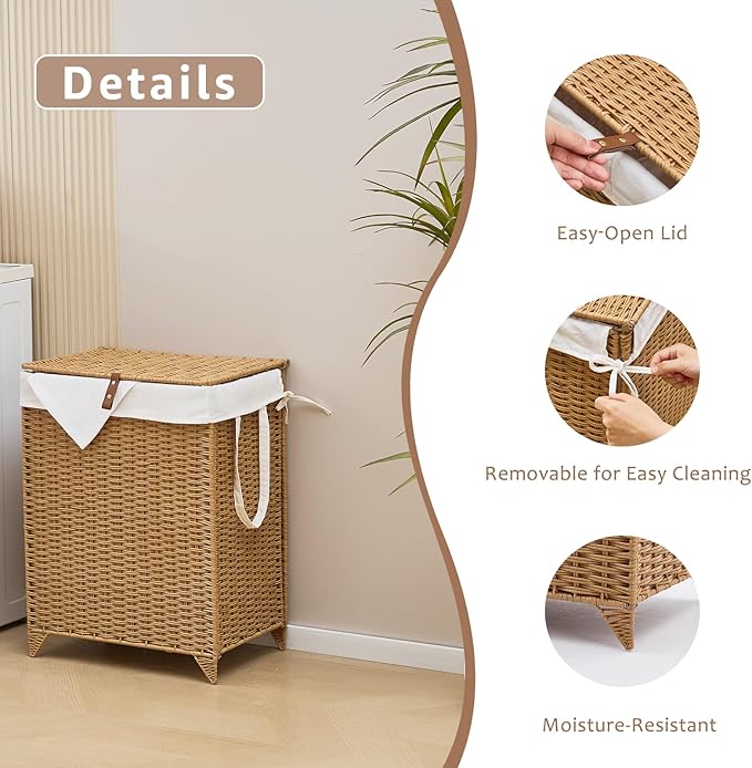 Handwoven Laundry Hamper with Lid, Natural Hyacinth Heightened Feet Laundry Basket, Wicker Clothes Hamper with Removable Liner Bag (Wicker, 90L)