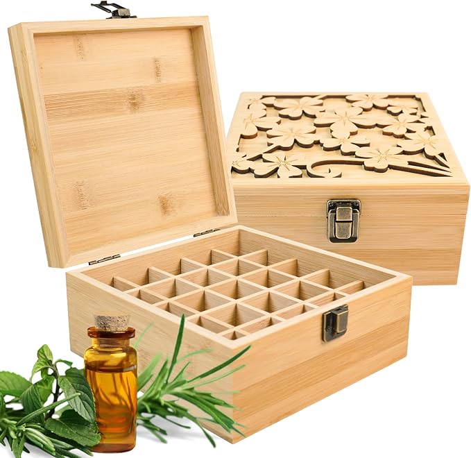 Pure Vie Bamboo Essential Oil Storage Box Travel Organizer Case with Bottle Cap Label - Aromatherapy Nail Polish Fragrance Container, Holds 25 Bottle for 5-15ml - Keep Scented Oil Safe & Space Saver