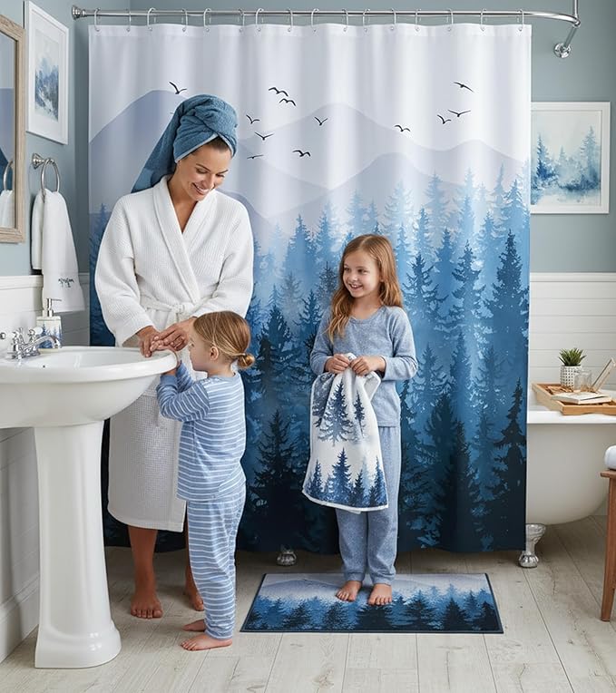 Accnicc 84 Inch Extra Long Blue Misty Forest Shower Curtain Set Ombre Navy Blue Mountain Pine Tree Waterproof Fabric Shower Curtains for Bathroom Nature Woodland Decorative Modern Bath Curtain Decor