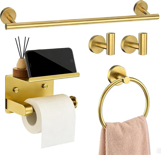 5-Pieces Wall Mount Bathroom Accessories Bathroom Hardware Set,22 Inch Stainless Steel Waterproof Towel Bars,Toilet Paper Holder with Shelf,Towel Ring,Coat Hook (Brushed Gold 5PC - Round)