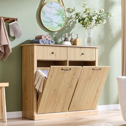 IFBUY Modern Double Tilt-Out Laundry Hamper Cabinet, 20 Gallon Fluted Trash Can Cabinet with 2 Drawers, Wooden Hidden Garbage Can Cabinets with Laundry Basket, for Bathroom and Kitchen, Natural Oak