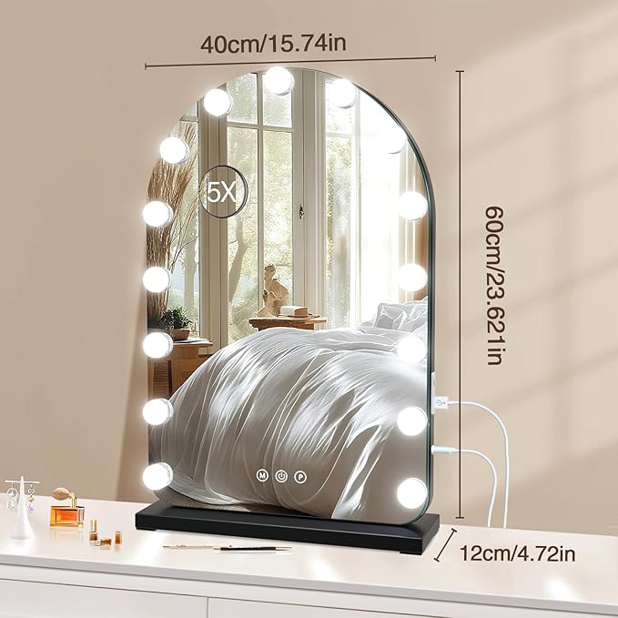 halumao Vanity Mirror with Lights, 15.7" x 23.6" Hollywood Lighted Makeup Mirror with 15 Dimmable LED Bulbs for Dressing Room Bedroom Black