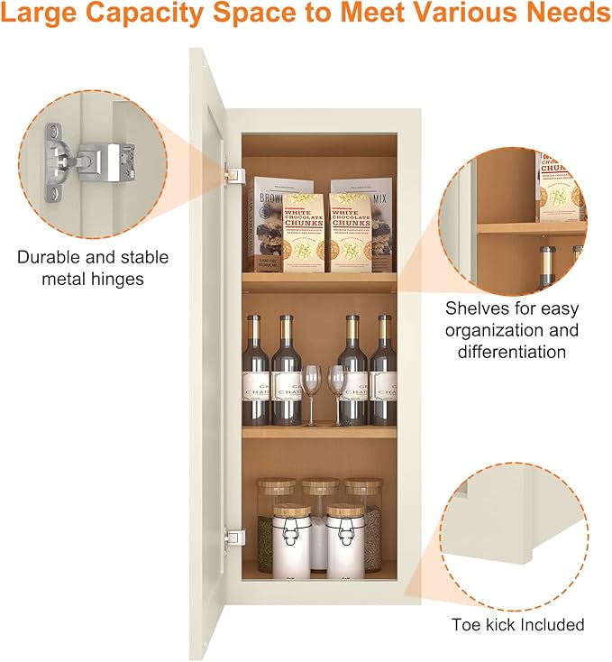 ROOMTEC Wood Wall Cabinet, RTA Single Door Medicine Cabinet with Adjustable Shelves and Soft-Close Door for Kitchen, Bathroom, and Laundry. 12" D*15" W*36" H, Shaker Antique White