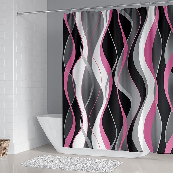 BEIFIVCL 4Pcs Pink Shower Curtain Sets with Non-Slip Rugs, Toilet Lid Cover and Bath Mat, Black and Gray Bathroom Decor Set Accessories Fabric Waterproof Shower Curtains with 12 Hooks, 72 x 76 Inch