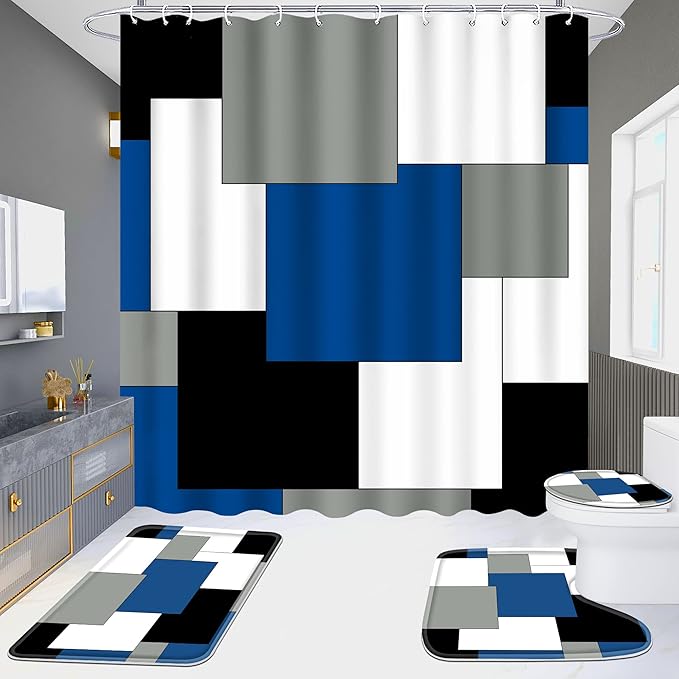 Blue Bathroom Sets with Shower Curtain and Rugs, 4 Piece Geometric Bathroom Shower Curtain Set with Rugs, Incl Shower Curtain with 12 Hooks, Bath Mat, U-Shaped Floor Mat, Toilet Lid Oval Rug