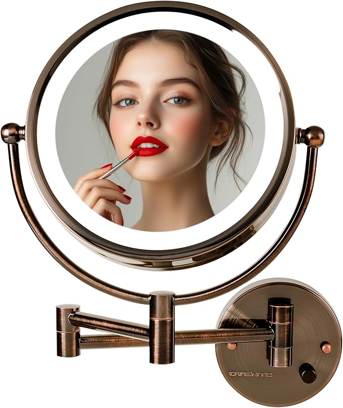 OVENTE Wall Mounted Lighted Makeup Vanity Mirror, 9" Hard Wired Double Sided 1X/7X Magnifying Bathroom Mirror, Dimmable LED Lights, 360° Rotation and 14" Extendable Arm, Antique Brass MPWD3185AB1X7X